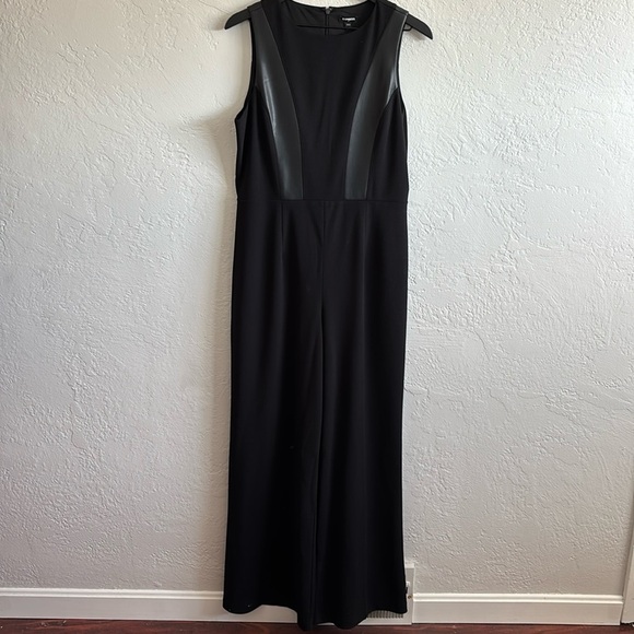 Express Black Faux Leather accent zip back one piece jumpsuit Large - Picture 2 of 9